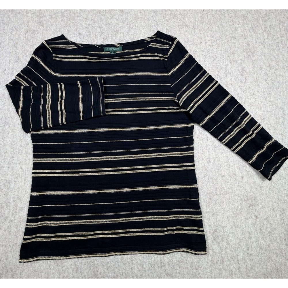 Women's Ralph Lauren‎ Black Gold Metallic Stripe Crew Neck Top Size Medium M